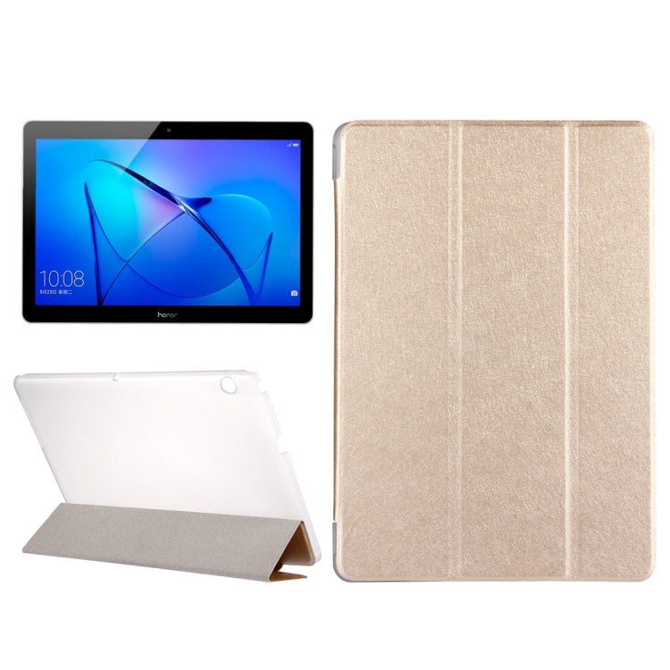 For Huawei MediaPad T3 10 9.6 inch Silk Texture Horizontal Flip Leather Case with 3-folding Holder(Gold)
