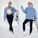 Women Printed English Denim Jacket (Color:Blue Size:S)