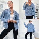 Women Printed English Denim Jacket (Color:Blue Size:M)
