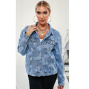 Women Printed English Denim Jacket (Color:Blue Size:XL)