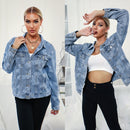 Women Printed English Denim Jacket (Color:Blue Size:XL)