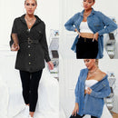 Women Retro Ins Wind Belt Shirt Denim Jacket (Color:Black Size:M)