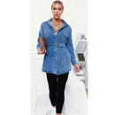 Women Retro Ins Wind Belt Shirt Denim Jacket (Color:Blue Size:S)