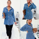 Women Retro Ins Wind Belt Shirt Denim Jacket (Color:Blue Size:S)