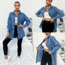 Women Retro Ins Wind Belt Shirt Denim Jacket (Color:Blue Size:S)