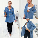 Women Retro Ins Wind Belt Shirt Denim Jacket (Color:Blue Size:S)