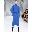Autumn Winter Solid Color Long-sleeved Knitted Turtleneck Sweater + Skirt Suit (Color:Royal Blue Size:Free Size)