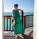 Sleeveless Wrinkle Sling Vest Dress (Color:Green Size:S)