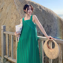 Sleeveless Wrinkle Sling Vest Dress (Color:Green Size:S)