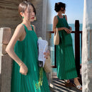 Sleeveless Wrinkle Sling Vest Dress (Color:Green Size:L)