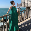 Sleeveless Wrinkle Sling Vest Dress (Color:Green Size:L)