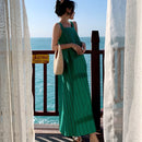 Sleeveless Wrinkle Sling Vest Dress (Color:Green Size:XL)