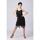 V-neck Suspender Sequined Fringed Latin Dance Dress Competition Performance Suit (Color:Black Size:XXXL)