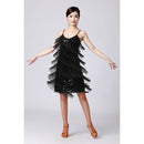 V-neck Suspender Sequined Fringed Latin Dance Dress Competition Performance Suit (Color:Black Size:XXXL)
