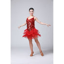 Waterdrop Fringed Sequins Suspenders Latin Dance Dress Competition Performance Suit (Color:Red Size:Free Size)