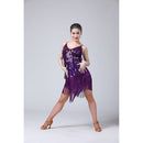 Waterdrop Fringed Sequins Suspenders Latin Dance Dress Competition Performance Suit (Color:Purple Size:Free Size)