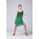 Waterdrop Fringed Sequins Suspenders Latin Dance Dress Competition Performance Suit (Color:Green Size:Free Size)