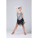 Waterdrop Fringed Sequins Suspenders Latin Dance Dress Competition Performance Suit (Color:Black Silver Size:Free Size)