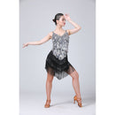Waterdrop Fringed Sequins Suspenders Latin Dance Dress Competition Performance Suit (Color:Black Silver Size:Free Size)