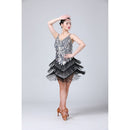 Waterdrop Fringed Sequins Suspenders Latin Dance Dress Competition Performance Suit (Color:Black Silver Size:Free Size)