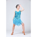 Waterdrop Fringed Sequins Suspenders Latin Dance Dress Competition Performance Suit (Color:Lake Blue Size:Free Size)