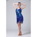 Waterdrop Fringed Sequins Suspenders Latin Dance Dress Competition Performance Suit (Color:Sapphire Blue Size:Free Size)
