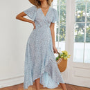 Floral Ruffled High-waisted V-neck Swing Dress (Color:Light Blue Size:XL)