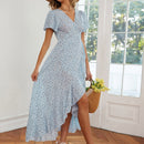 Floral Ruffled High-waisted V-neck Swing Dress (Color:Light Blue Size:XL)