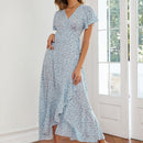 Floral Ruffled High-waisted V-neck Swing Dress (Color:Light Blue Size:XL)