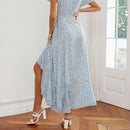 Floral Ruffled High-waisted V-neck Swing Dress (Color:Light Blue Size:XL)