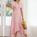 Floral Ruffled High-waisted V-neck Swing Dress (Color:Pink Size:L)