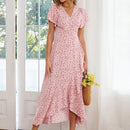 Floral Ruffled High-waisted V-neck Swing Dress (Color:Pink Size:L)