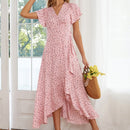 Floral Ruffled High-waisted V-neck Swing Dress (Color:Pink Size:L)