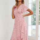 Floral Ruffled High-waisted V-neck Swing Dress (Color:Pink Size:L)