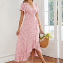 Floral Ruffled High-waisted V-neck Swing Dress (Color:Pink Size:L)