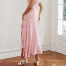 Floral Ruffled High-waisted V-neck Swing Dress (Color:Pink Size:L)