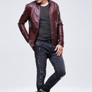 Men Slim-fit Washed PU Leather Jacket (Color:Red Size:XXL)