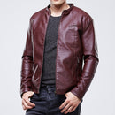 Men Slim-fit Washed PU Leather Jacket (Color:Red Size:XXXL)