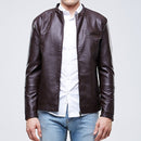 Men Slim-fit Washed PU Leather Jacket (Color:Coffee Size:L)