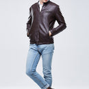 Men Slim-fit Washed PU Leather Jacket (Color:Coffee Size:XXXL)