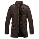 Men Long Style Leather Jacket Coat (Color:Brown Size:XXL)