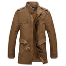 Men Long Style Leather Jacket Coat (Color:Khaki Size:XL)