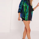 Ladies Loose Sequin Baseball Jacket (Color:Green Size:L)
