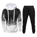 Men Loose Print Hoodie Sport Sweatshirt Set (Color:White Size:XL)