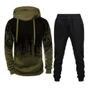 Men Loose Print Hoodie Sport Sweatshirt Set (Color:Army Green Size:M)