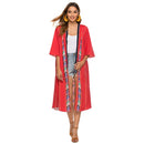National Style V-neck Tassel Print Long Shawl Coat (Color:Red Size:Free Size)