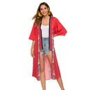 National Style V-neck Tassel Print Long Shawl Coat (Color:Red Size:Free Size)