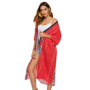 National Style V-neck Tassel Print Long Shawl Coat (Color:Red Size:Free Size)