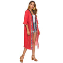 National Style V-neck Tassel Print Long Shawl Coat (Color:Red Size:Free Size)