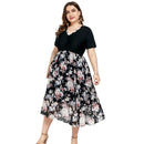V-neck Short Sleeve High Waist Slim Chiffon Stitching Plus Size Dress (Color:As Show Size:XXXXXL)